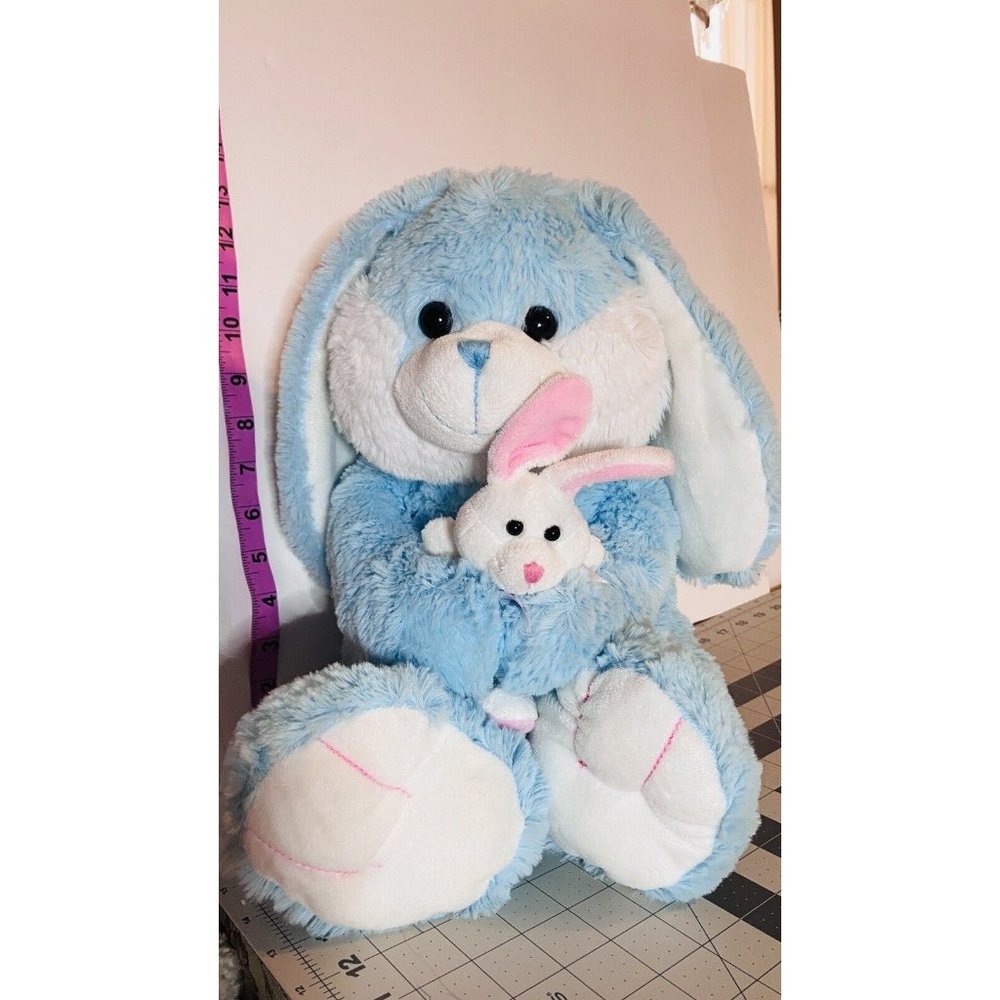 Pastel Blue Easter Bunny Stuffed  Rabbit Plush Hold Baby Bunny So SOFT Emb Eyes